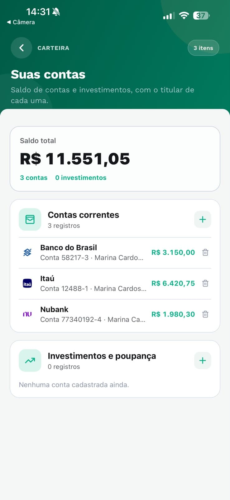 Tela Carteira da verfin mostrando saldo total e contas correntes conectadas, com o titular de cada uma