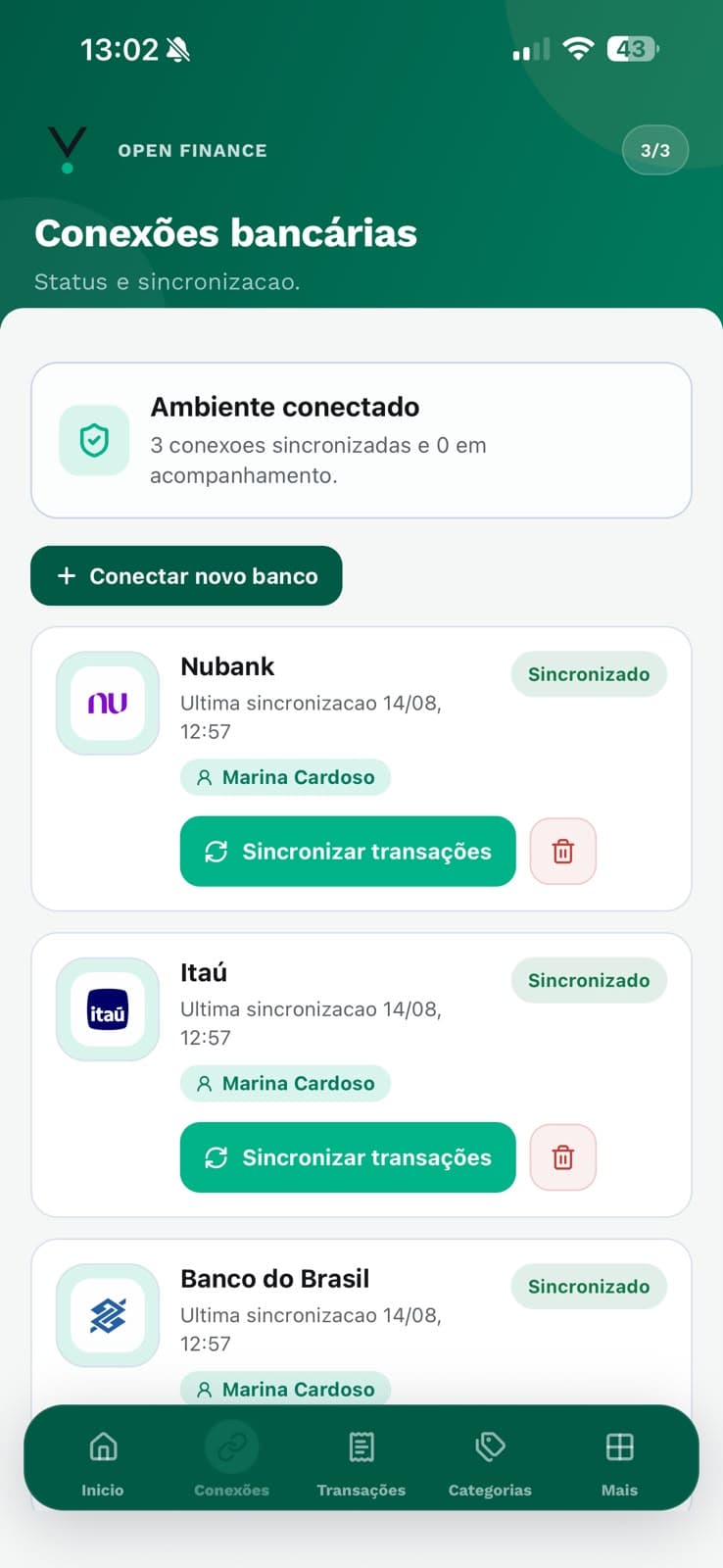 Tela Conexões bancárias da verfin mostrando bancos conectados via Open Finance, todos sincronizados