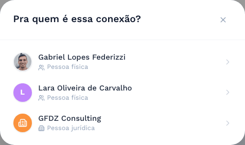 Modal “Pra quem é essa conexão?” listando pessoa física e pessoa jurídica