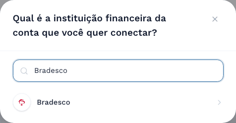 Modal de busca de instituição financeira, com o resultado Bradesco encontrado