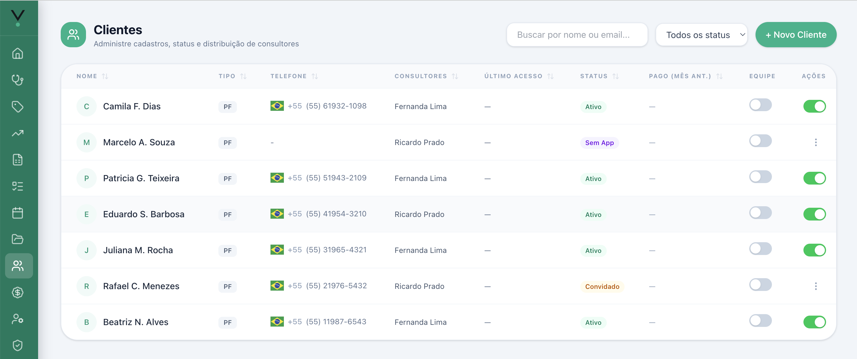 Carteira de clientes da verfin no navegador, mostrando lista de clientes, consultores responsáveis e status de cada um